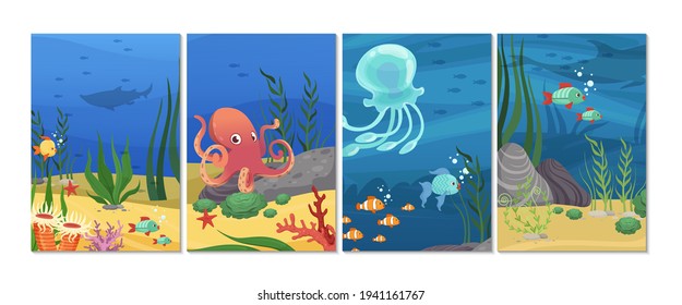 Sealife cards. Ocean animals, fish octopus banners. Underwater world vector background