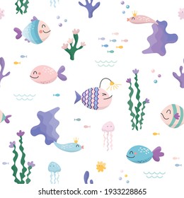 Sealife cartoon seamless pattern. Cute fish characters for kids. Vector illustration