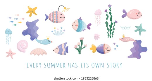 Sealife cartoons set. Cute fish,  jellyfish, star, shell characters collection for kids. Vector illustration