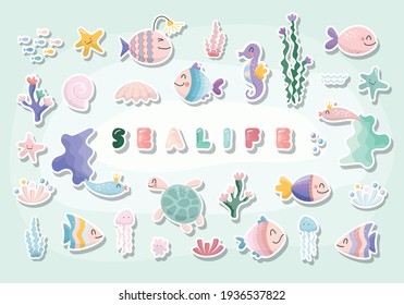 Sealife cartoons set. Cute fish,  jellyfish, star, sea horse, turtle, shell characters collection for kids. Vector illustration