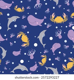 Sealife Cute Animals Vector Seamless Pattern