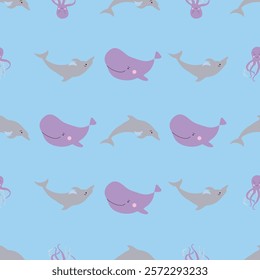 Sealife Cute Animals Vector Seamless Pattern