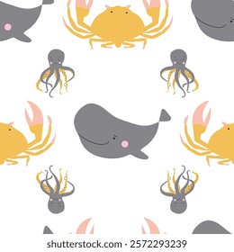 Sealife Cute Animals Vector Seamless Pattern