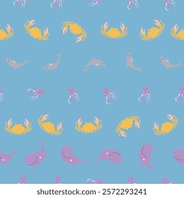 Sealife Cute Animals Vector Seamless Pattern