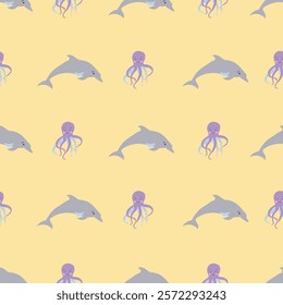 Sealife Cute Animals Vector Seamless Pattern