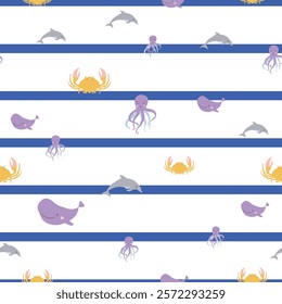 Sealife Cute Animals Vector Seamless Pattern