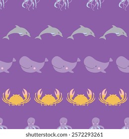 Sealife Cute Animals Vector Seamless Pattern