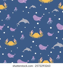 Sealife Cute Animals Vector Seamless Pattern