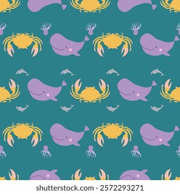 Sealife Cute Animals Vector Seamless Pattern