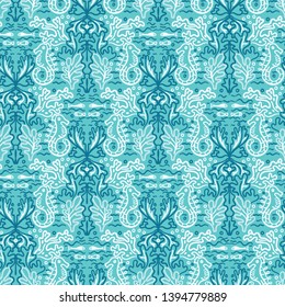 Sealife damask seahorse pattern. Seamless vector ocean background. Hand drawn seaweed algae nature all over print. For summer beach wear, turquoise marine animal textiles, yacht sailing fashion fabric