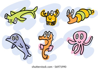 sea-life doodles: hummer-shark, crab, snail, dolphin, sea-horse, octopus
