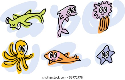 sea-life doodles: hummer-shark, dolphin. actinia, octopus, fish, star-fish