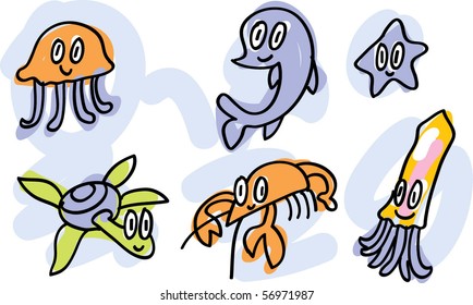 sea-life doodles: jellyfish, dolphin, starfish, turtle, lobster, squid