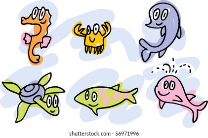 sea-life doodles: sea horse, crab, dolphin, turtle, fish, whale