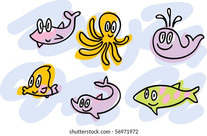 sea-life doodles: shark, octopus, whale, fish, dolphin, fish,