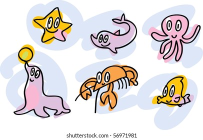 sea-life doodles: starfish, octopus, crayfish, seal, fish, dolphin