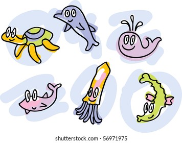 sea-life doodles: turtle, dolphin, whale, shark, squid, seahorse