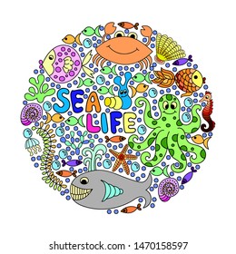 Sealife elements in circle. Cartoon design, vector illustration