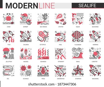 Sealife flat line mini concept symbols. Red black infographic design east restaurant sea life modern icons set.