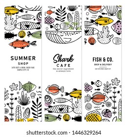 Sealife fun banner collection. Linear graphic. Kid design. Scandinavian style. Vector illustration