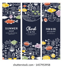 Sealife fun vertical banner collection. Linear graphic. Kid design. Scandinavian style. Vector illustration