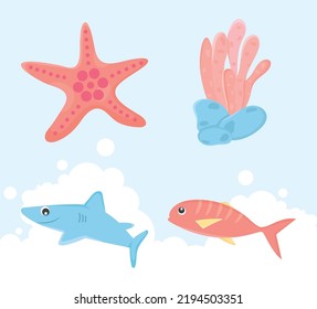 Sealife Icon Set On Blue Background