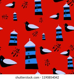 sealife marina seagull and lighthouse seamless pattern vector illustration