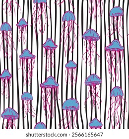 Sealife medusa seamless repeat pattern striped background. Hand drawn, vector jellyfishes aop, all over print.