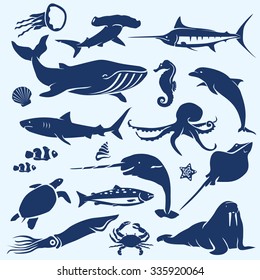 sealife, sea and ocean animals and fish silhouettes collection