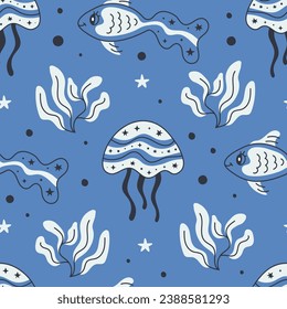 El perfil de las marismas es impecable, con peces, medusa y algas. Animales acuáticos de fauna acuática, medusas, estrellas y puntos a la moda en forma de doodle con fondo azul