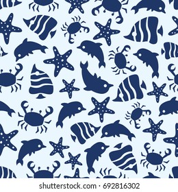 Sealife seamless pattern with fish, sea stars, crabs and dolphins. Background seamless pattern sea fish and starfish. Vector illustration