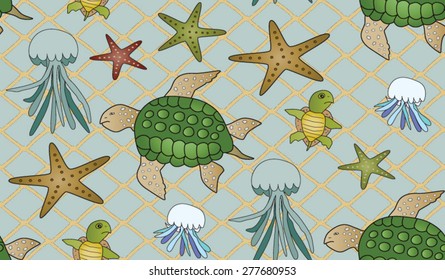 Sea-life seamless pattern. 
Seamless sea life pattern. Cartoon style ocean creatures.