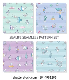 Sealife seamless pattern set. Mermaid and fish characters. Textile colorful backgrounds. For print and web. Vector illustration.
