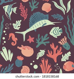 Sealife seamless pattern. Vector cartoon illustration with fish, seahorse, swordfish, puffer fish, shells, corals, seaweed. Doodle print for fabric