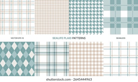 Sealife padrões de vetor sem emenda conjunto com pastel azul tan gingham xadrez tartan e argyle texturas para náutico costeiro têxteis impressões de embalagem papel vintage fundos tecido digital design