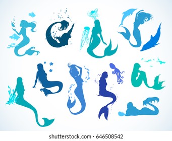 Sealife set, doodle sketched mermaid collection. Hand drawn realistic sketches of floating, lying, singing, playing, happy mermaids. Vector illustration. Silhouettes, isolated on white background.