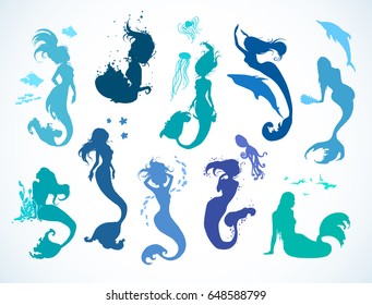 Sealife set, doodle sketched mermaid collection. Hand drawn realistic sketches of floating, lying, singing, playing, happy mermaids. Vector illustration. Silhouettes, isolated on white background.