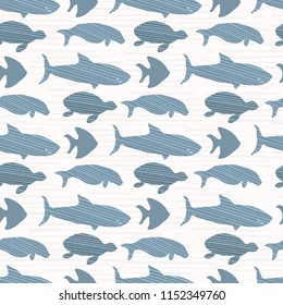 Sealife Silhouette Seamless Vector Pattern Background, Hand Drawn Underwater Ocean Illustration for Yacht Fashion Prints, Bold Marine Animal Fabric, Stationery Wallpaper, Navy Blue Blog Backgrounds
