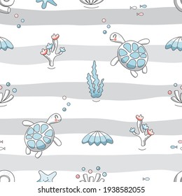 Sealife striped background. Cute turtle characters cartoon seamless pattern.Textile for kids, notebook cover, wrapping paper. Vector illustration