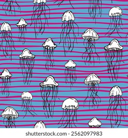 Sealife with stripes seamless repeat pattern on blue and prink background. Hand drawn, vector jellyfishes aop, all over print.