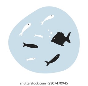 Sealife underwater concept hero image. Herd of fishes in water. Sea creatures 2D cartoon outline seascape on white background. Isolated black and white illustration. Vector art for web design ui