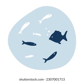 Imagen de héroe conceptual submarino. Manada de peces en el agua. Criaturas marinas dibujos animados en 2D bajo el agua en el paisaje marino sobre fondo blanco. Ilustración conceptual aislada. Arte vectorial para diseño web ui