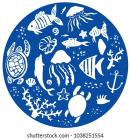 Sealife vector white hand drawn stylized set in ring on blue background