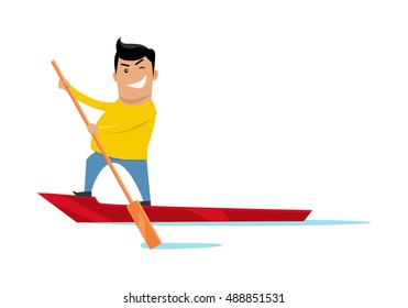 Sealing on boat vector. Flat style design. Water sport and entertainment. Summer vacation, escape from civilization, journey to Venice concepts. Smiling man on boat with a paddle in hand sailing.