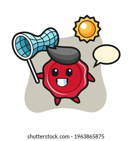 Sealing wax mascot illustration is catching butterfly, cute style design for t shirt, sticker, logo element