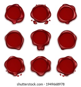 Sealing wax. Original waxed rubber royal postage red stamps top view, old vintage document envelope seals insulated. Elements for letter or certificate vector realistic isolated set