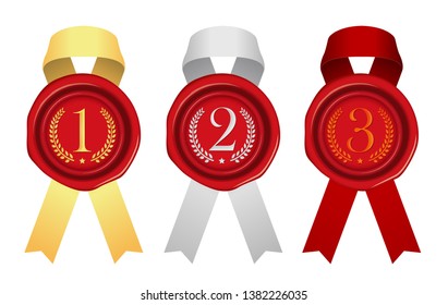 Sealing wax ,stamp&ribbon illustration / number, ranking (from 1st place to 3rd place) .gold,silver,red.