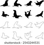 Sealion animal mascot silhouettes icon set. Sea lion black vector flat line collection isolated on transparent background, clipart image painting design art Graphic drawing minimalist contour.