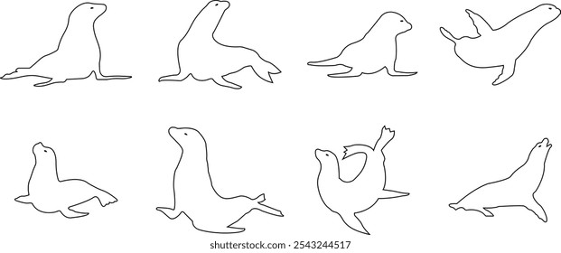 Sealion animal mascot silhouettes icon set. Sea lion black vector line collection isolated on transparent background, clipart image painting design art Graphic drawing minimalist contour.