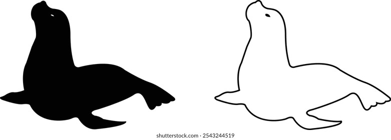 Sealion animal mascot silhouettes icon set. Sea lion black vector flat line collection isolated on transparent background, clipart image painting design art Graphic drawing minimalist contour.